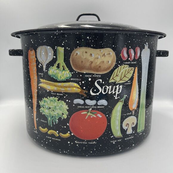 Vintage Hand Painted Black Speckled Enamelware Soup Pot Stock Pot Decor LID - Picture 1 of 13